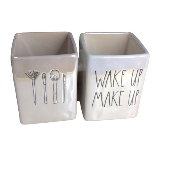 Rae Dunn Wake Up Make Up Brush Holder Set Square Ceramic Iridescent - Picture 1 of 6
